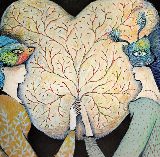Lettre d'amour codée, encre crayons de couleur et broderie